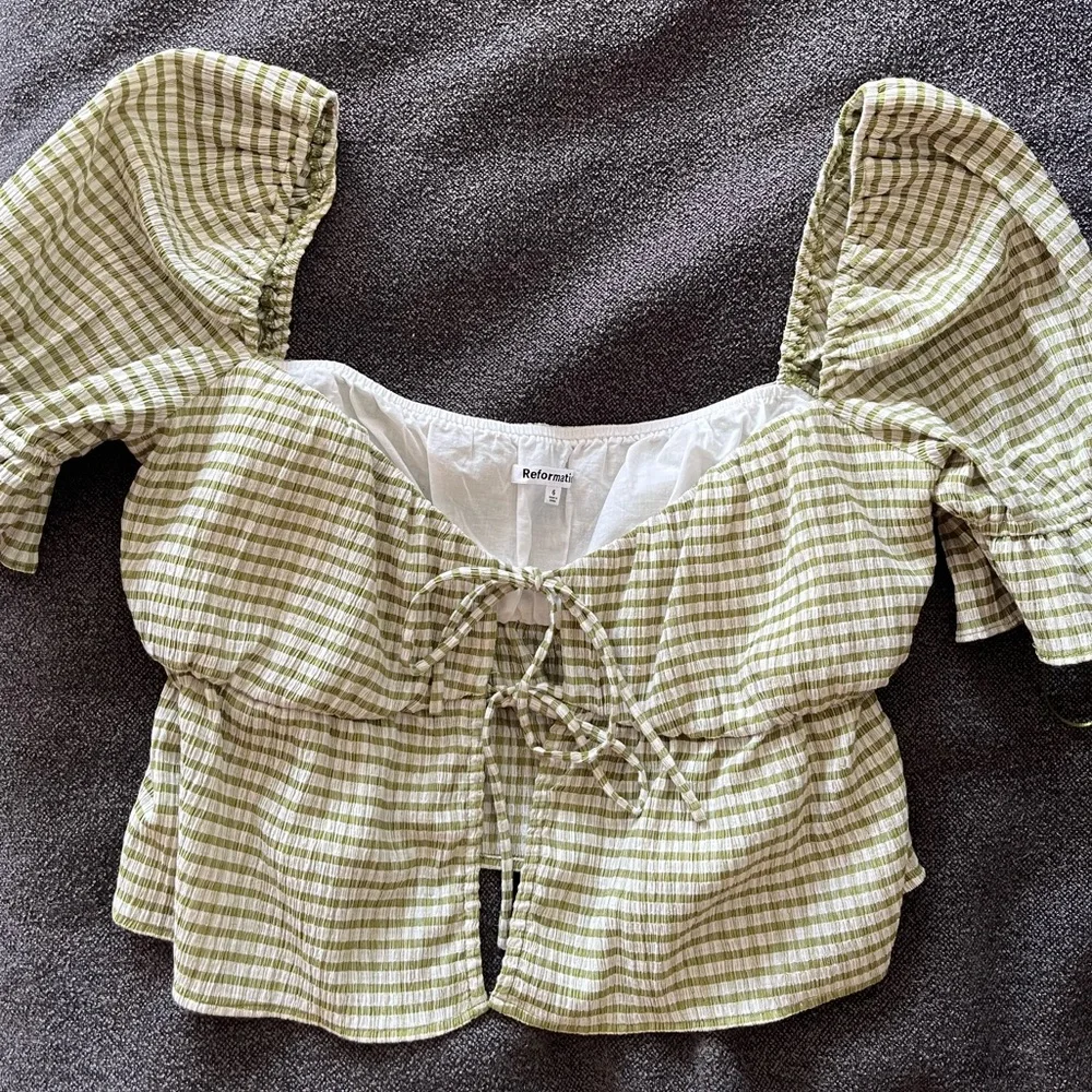 Reformation Olive Green Gingham Puff-Sleeve Tie-Front Top